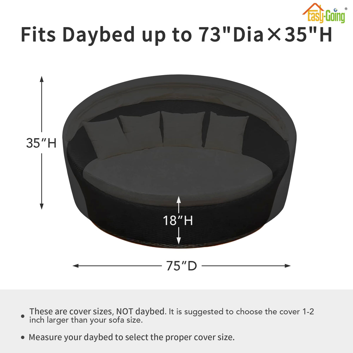Easy-Going daybed cover with air vent reduces condensation and wind lofting.