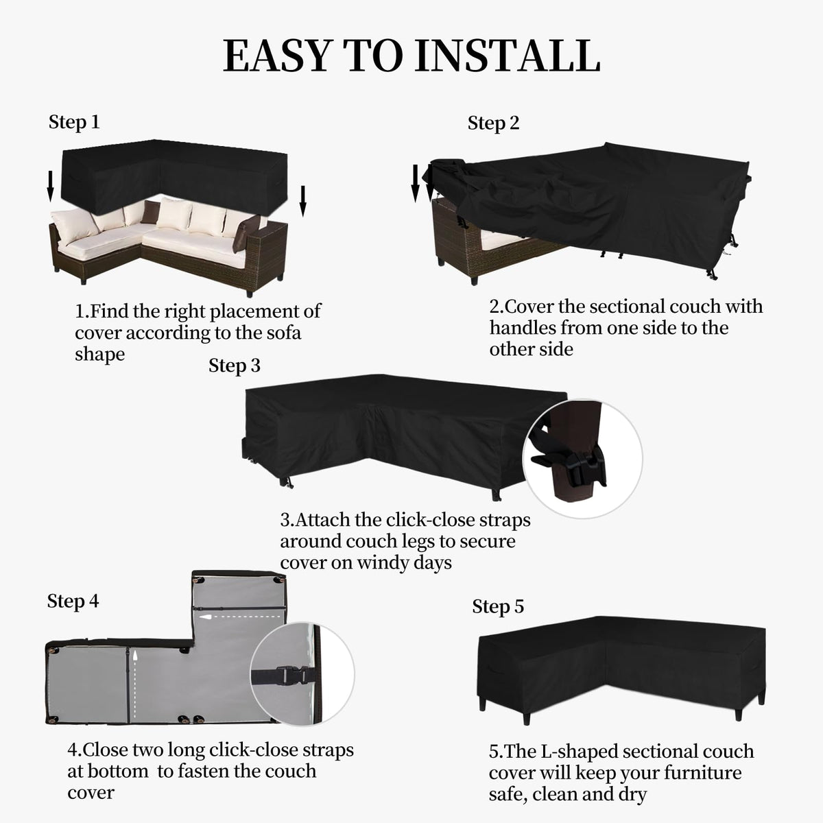 Easy-Going left-facing 85x110 cover fits most L-shaped sets.