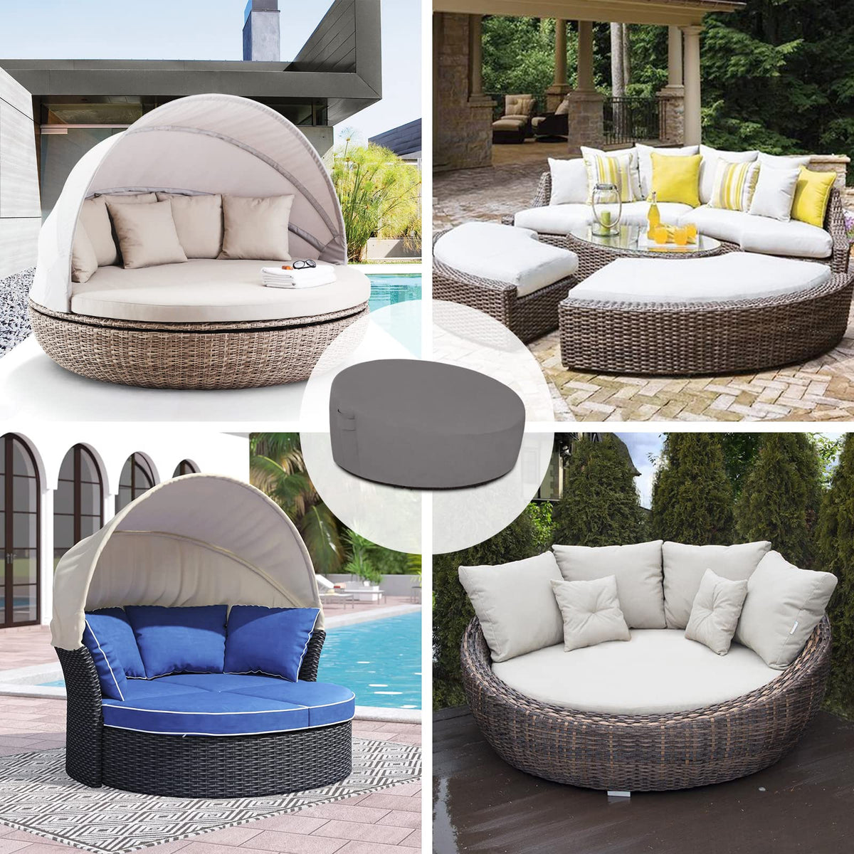 Easy-Going grey outdoor daybed cover styled on patio for protection