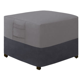 Easy-Going ottoman cover 28x28x17 on patio; waterproof gray protection.