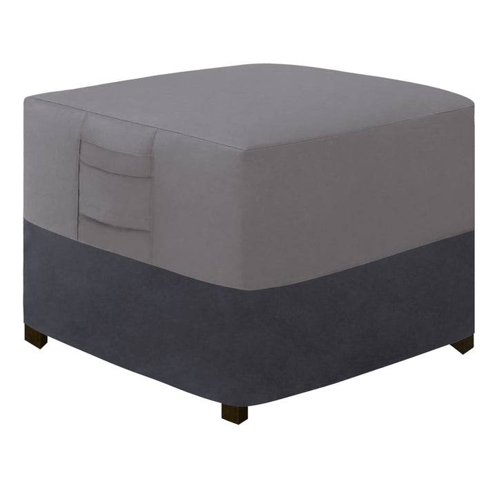 Easy-Going ottoman cover 28x28x17 on patio; waterproof gray protection.