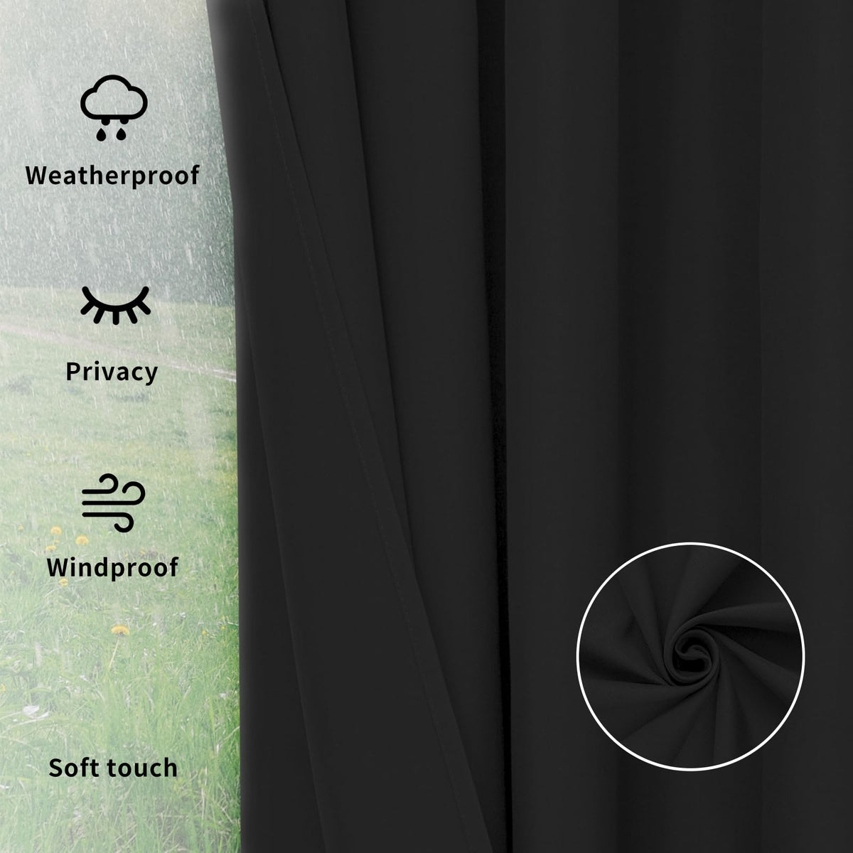 Simple hanging with Easy-Going curtain for quick outdoor setup.