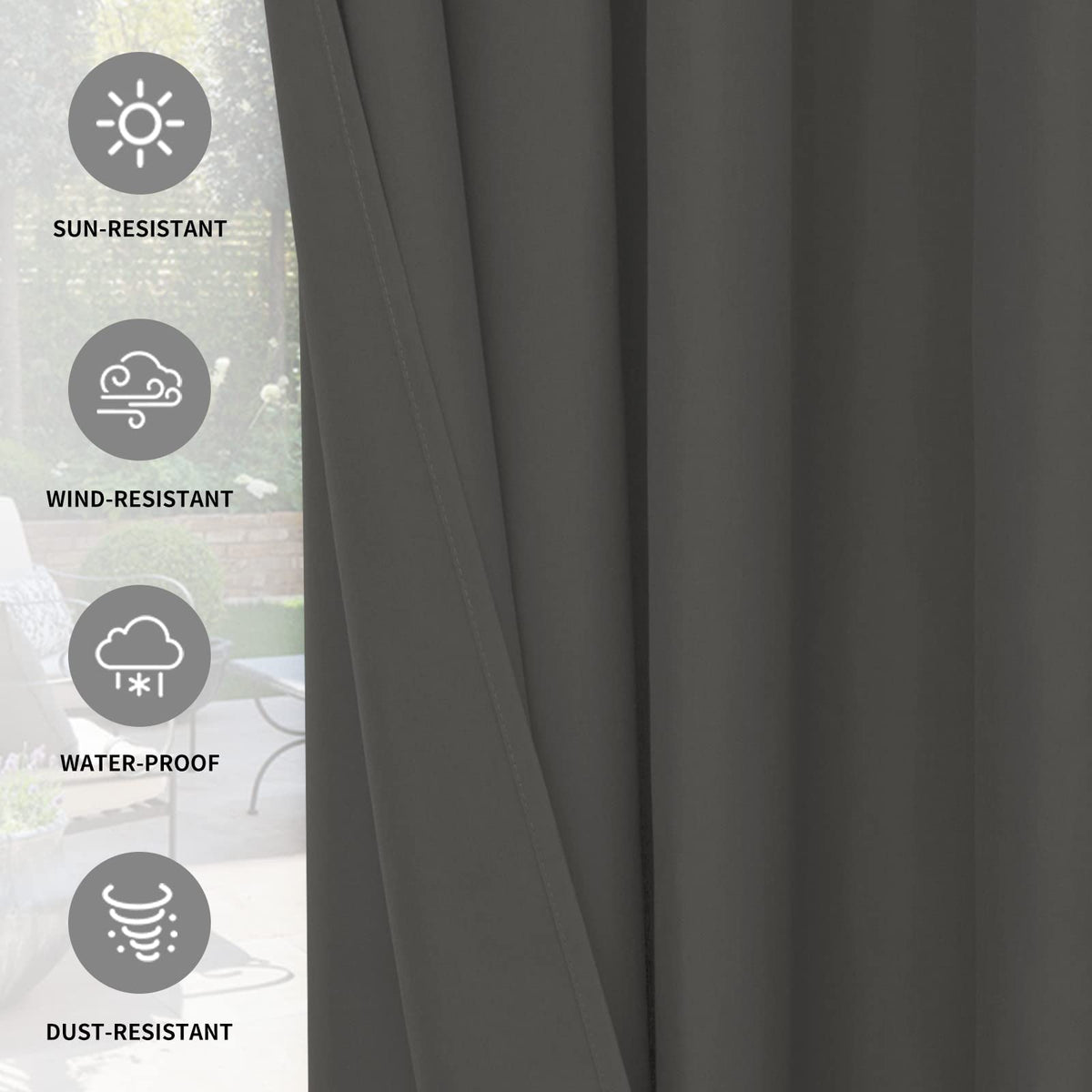 Easy-Going outdoor curtains dark grey color maintaining a consistent outdoor look.