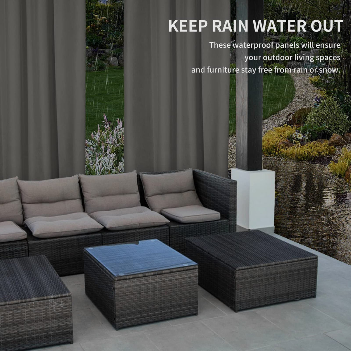 Easy-Going outdoor curtains water-beading test demonstrating waterproof performance.