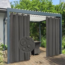 Easy-Going outdoor curtains on a patio providing privacy and shade for family time.