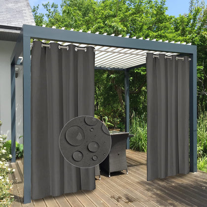 Easy-Going outdoor curtains on a patio providing privacy and shade for family time.