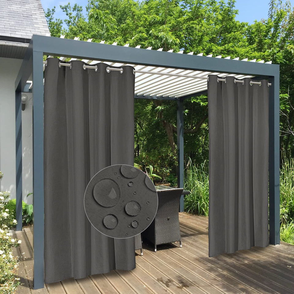 Easy-Going outdoor curtains on a patio providing privacy and shade for family time.
