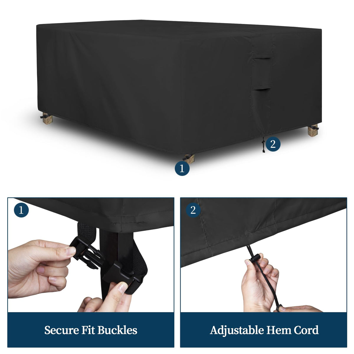 Plastic buckles and hem cord on Easy-Going cover ensure a tight fit.