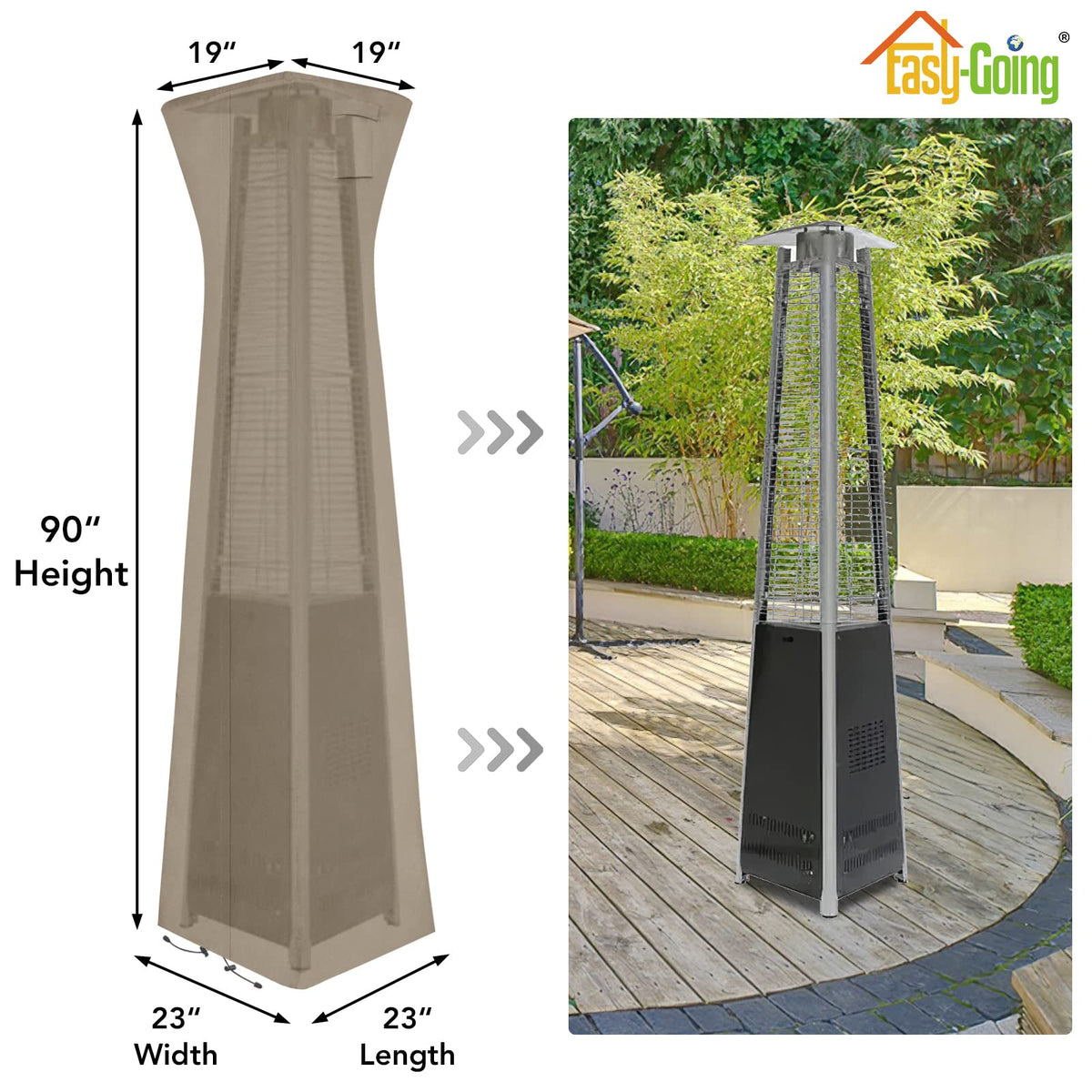 Easy-Going pyramid torch patio heater cover camel front view with zipper for easy access.