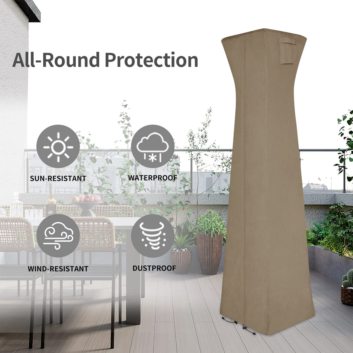 Easy-Going pyramid torch patio heater cover camel wind-resistant design for breezy evenings.