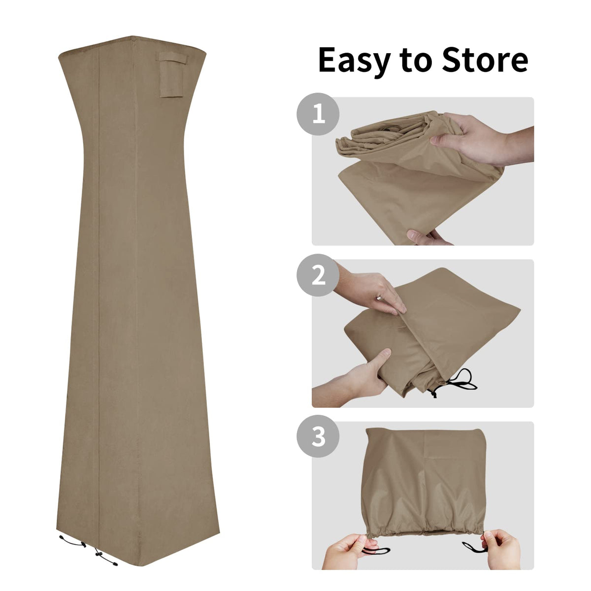 Easy-Going pyramid torch patio heater cover camel stored in its included bag for compact storage.