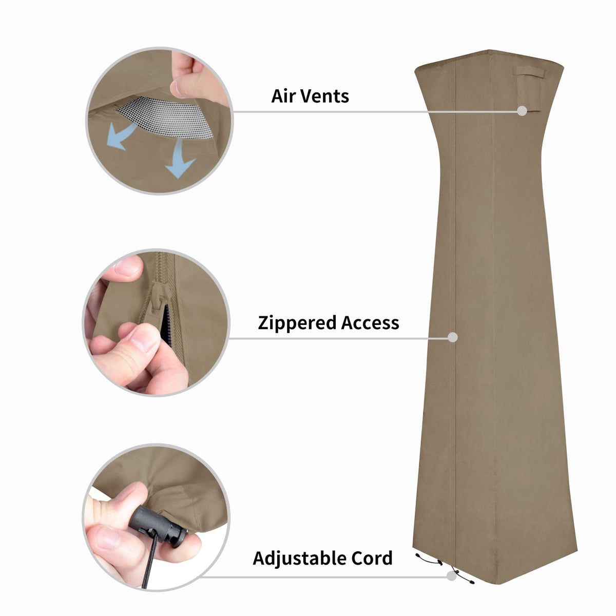 Easy-Going pyramid torch patio heater cover camel vent features reduce condensation.
