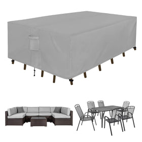 Easy-Going rectangle patio furniture cover protects a 110L by 84W by 28H setup from rain