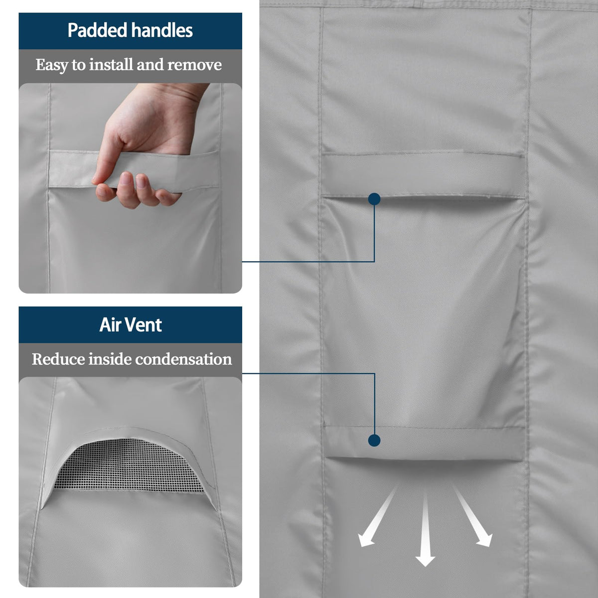 Easy-Going usage-tips illustrate drainage and airflow under the cover