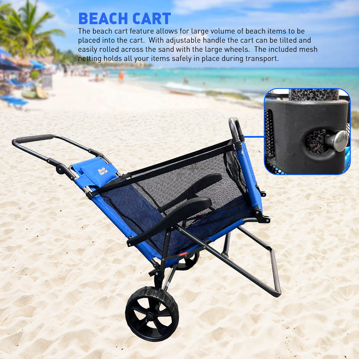 EasyGo Beach Cart Chair with large wheels gliding on sand for smooth transport