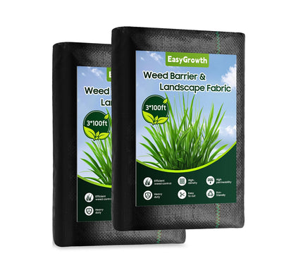 EasyGrowth weed barrier landscape fabric blocks weeds while allowing water through.