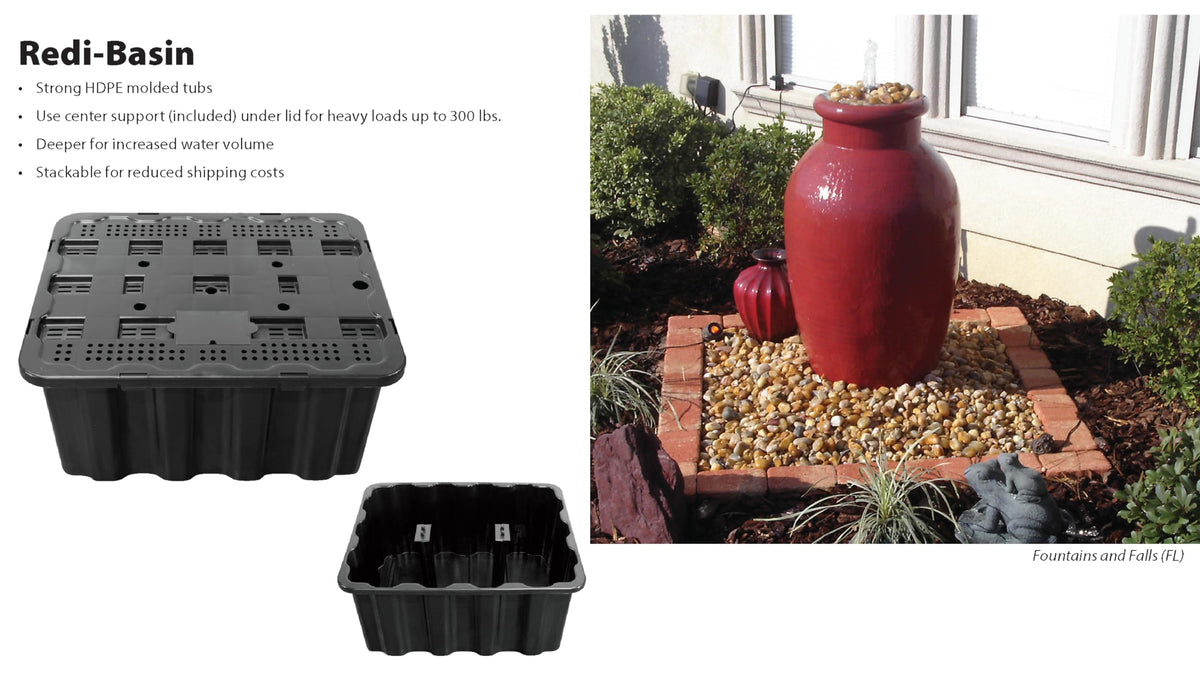 EasyPro RBH29 Redi-Basin shows 30-gallon capacity for steady fountain water supply.