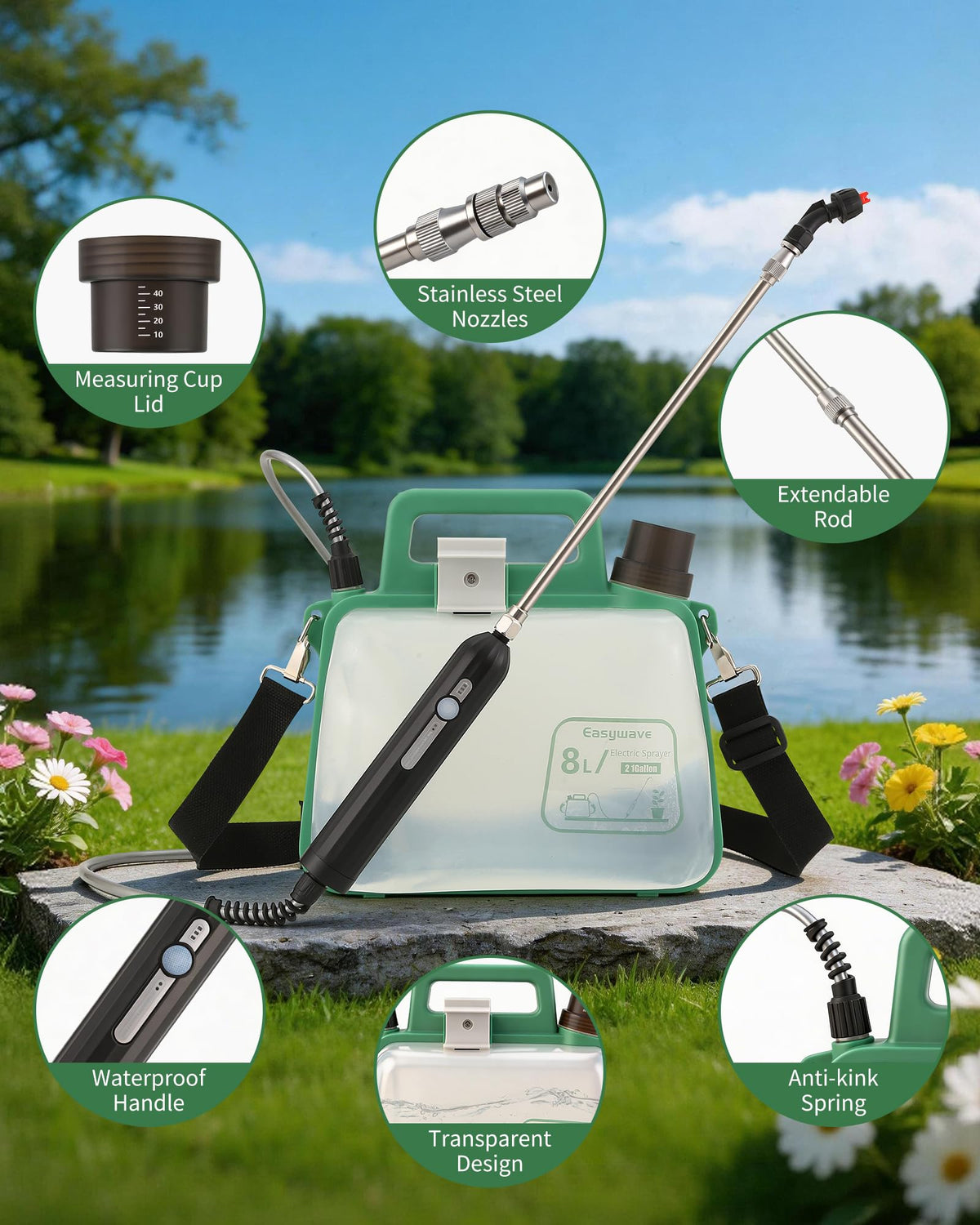 Easywave cordless garden sprayer demonstrated across a sunlit yard