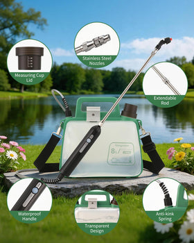 Easywave cordless garden sprayer demonstrated across a sunlit yard