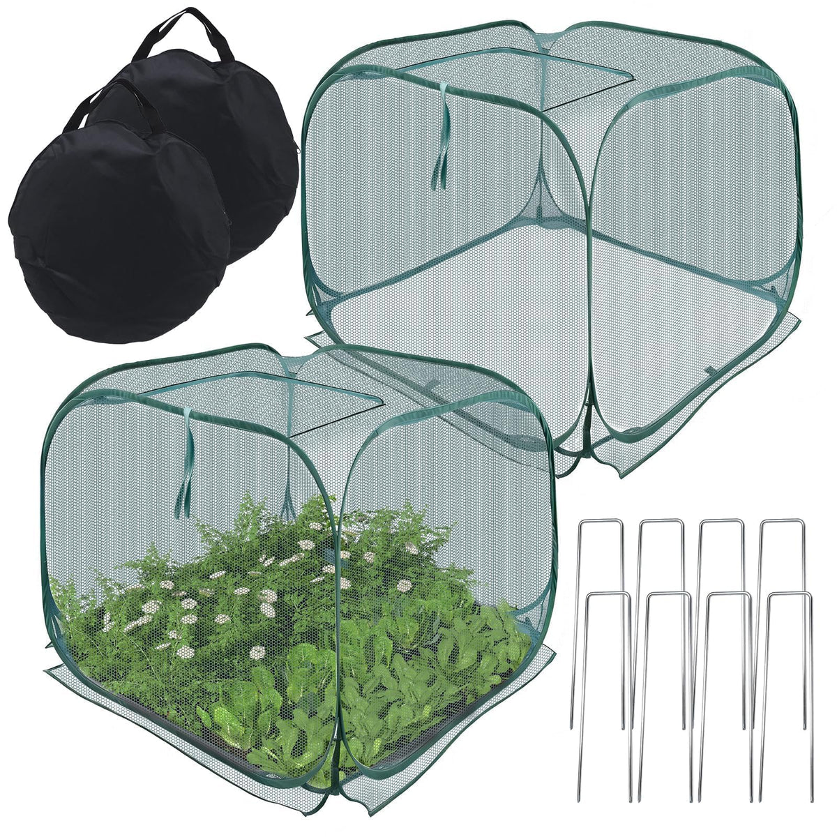 EATAKWARD foldable plant protector set up on garden bed shielding seedlings from birds