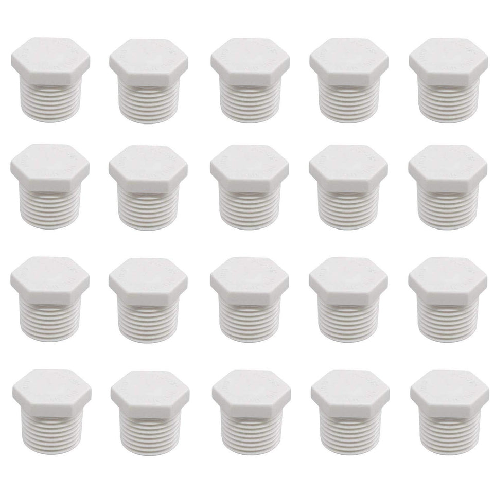 Eau 20-pack PVC pipe plugs in white for 3/4 in fittings, ideal for irrigation lines