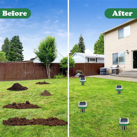 Repellent spikes showing coverage up to 5,000 sq ft across a lush lawn.