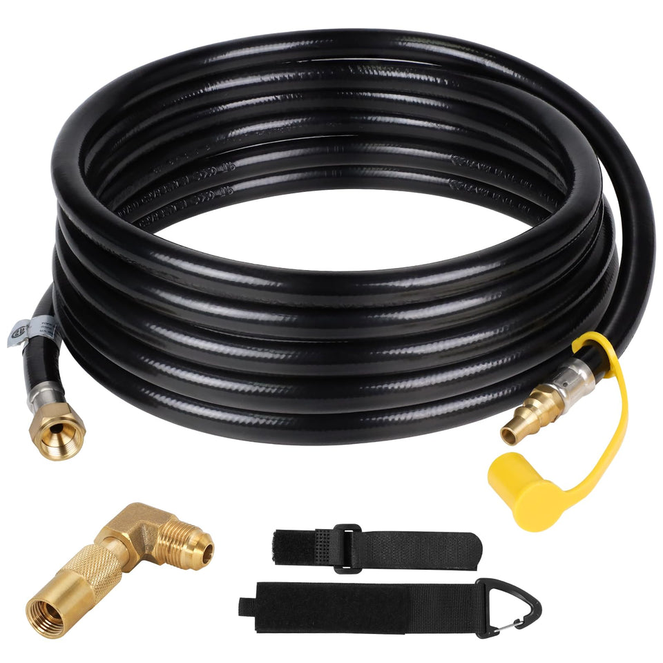 Eazy2hD rv propane hose with quick-connect extending outdoor Blackstone grilling setup