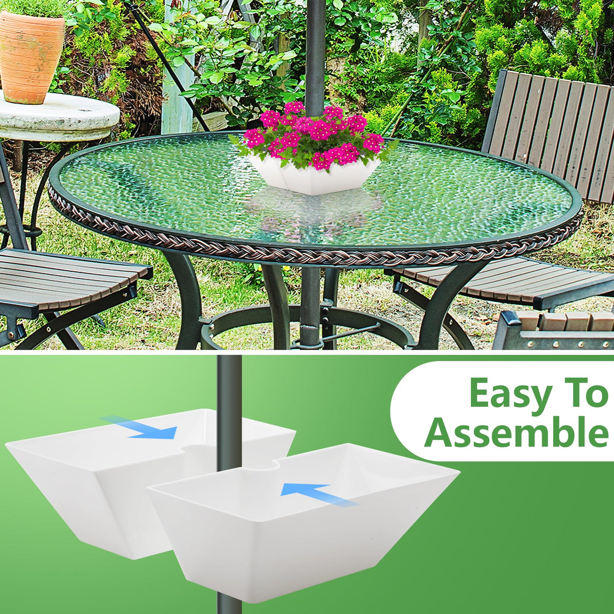 EBaokuup umbrella pole table fit highlights two planters encircling the pole.