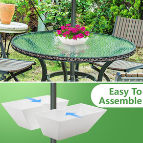 EBaokuup umbrella pole table fit highlights two planters encircling the pole.
