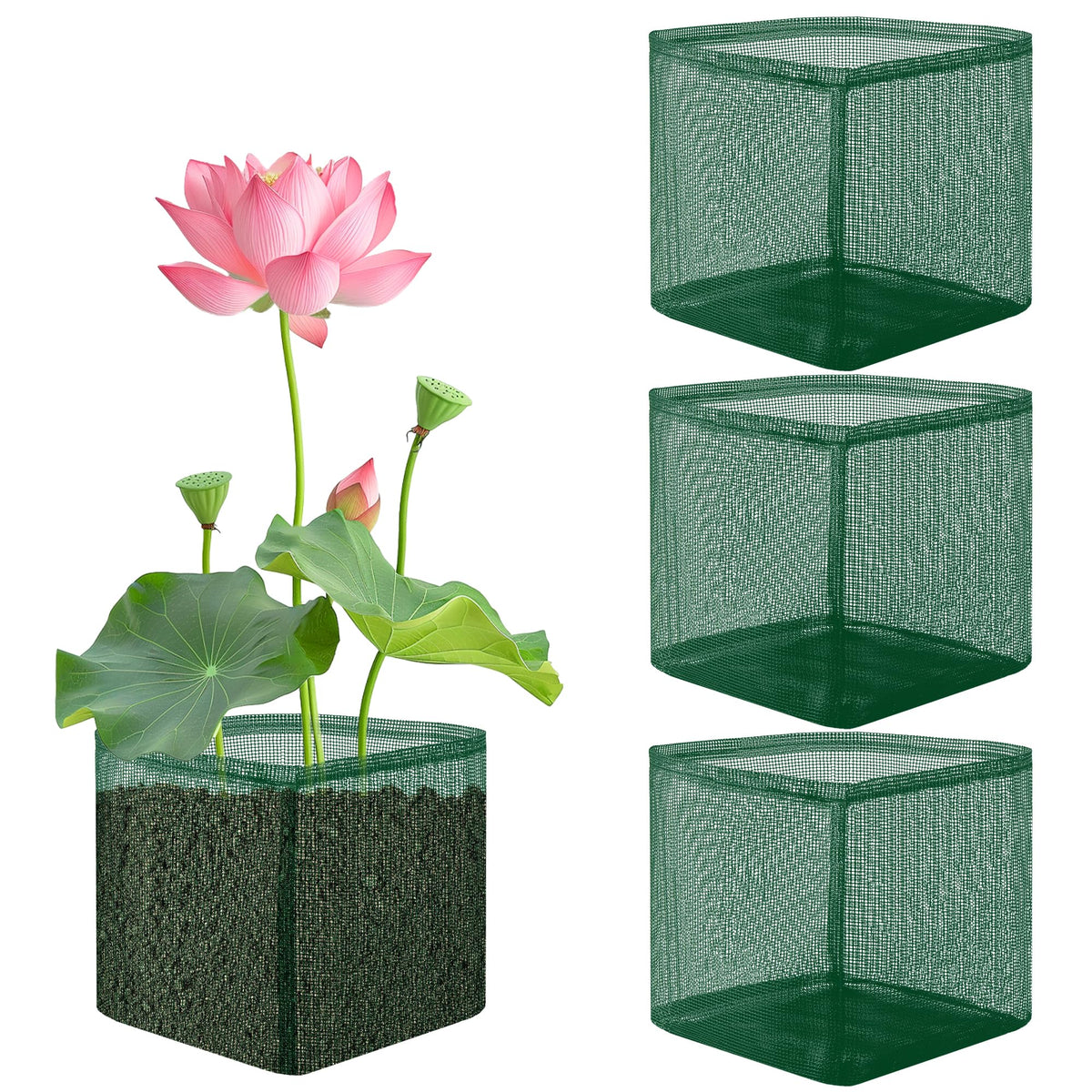 EBaokuup aquatic plant bags in 7-inch mesh pot promote root oxygenation.