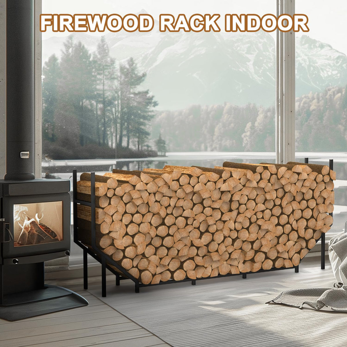 Ebeneze firewood rack close-up reveals weather-ready powder-coated black finish