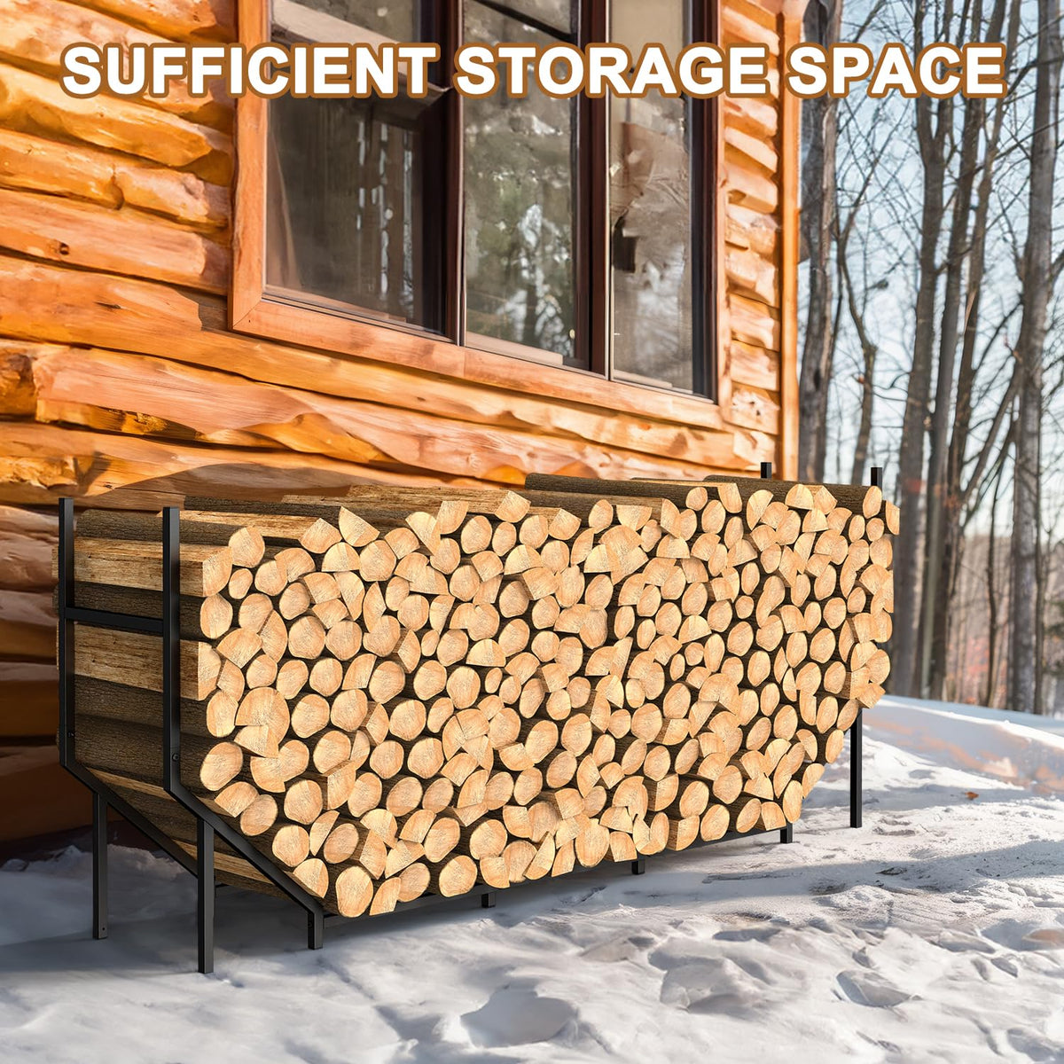 Ebeneze firewood rack full-length with stacked wood shows ample storage capacity