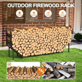Ebeneze firewood rack on patio with logs demonstrates wide footprint for balance