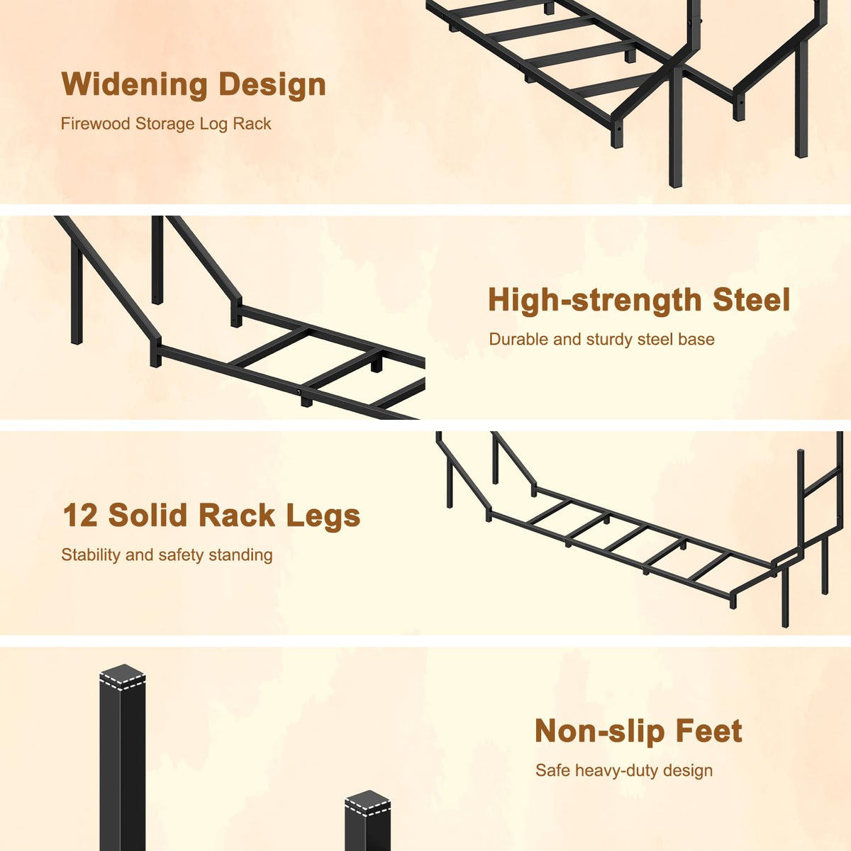 Ebeneze firewood rack side view highlights durable steel construction