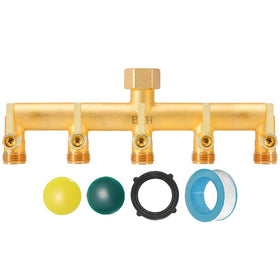 EBH brass garden hose splitter with five outlets for simultaneous watering tasks.