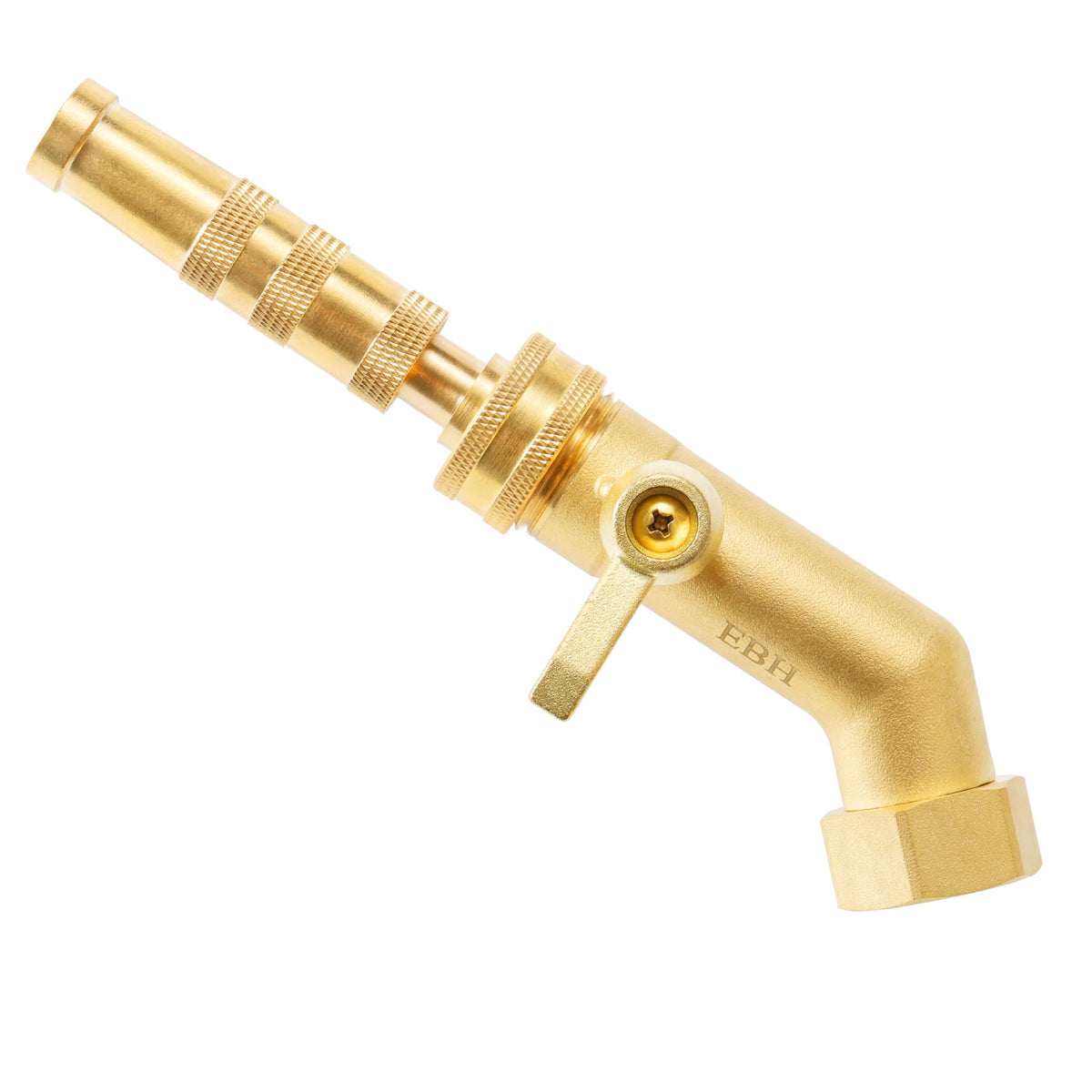 EBH brass hose nozzle close-up showing durable construction and versatile use.