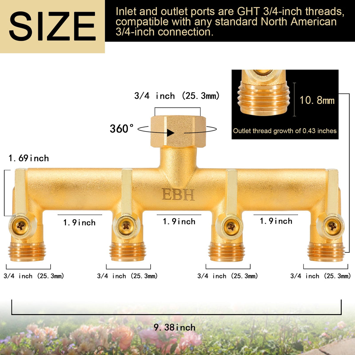 EBH brass hose splitter with extended metal handle for comfortable operation.