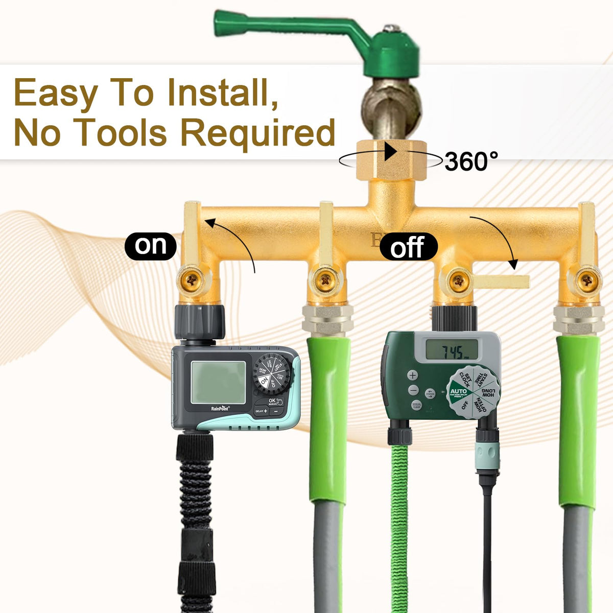 EBH brass splitter with wide outlet spacing to fit multiple hoses.