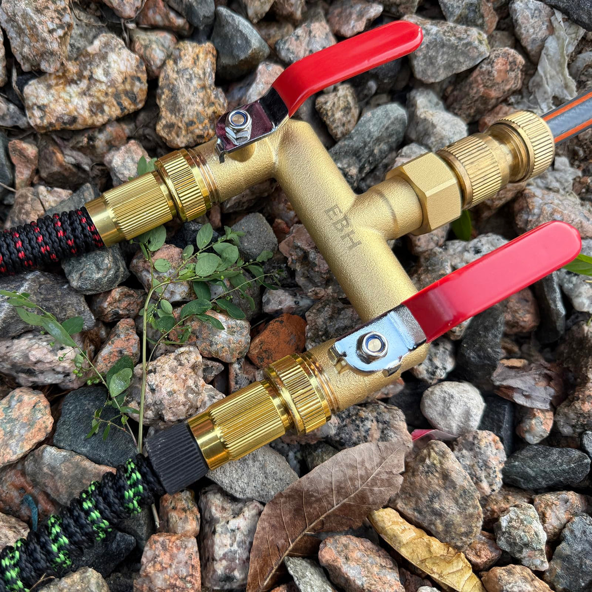 EBH garden hose splitter with 0.43 inch outlet threads for improved flow.