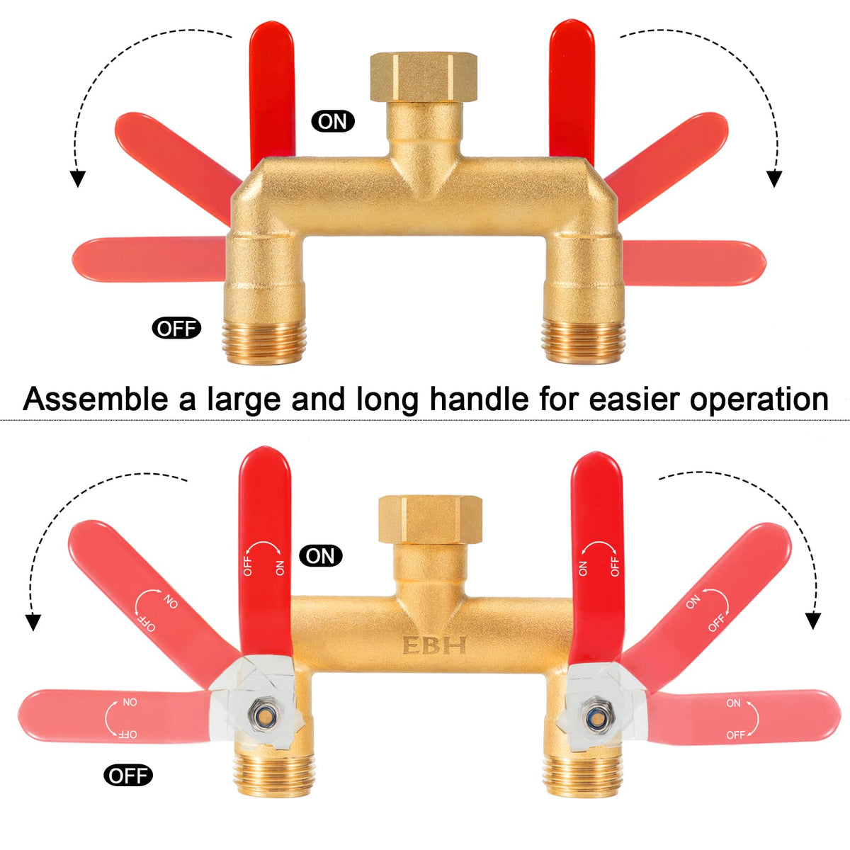 EBH garden hose splitter with standard 3/4 inch GHT connection for universal compatibility.