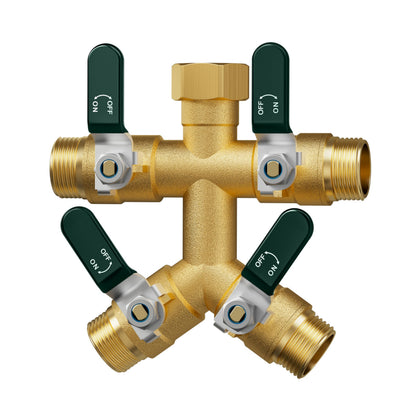 EBH garden hose splitter 4-way brass body provides durable, long-lasting outdoor water control.