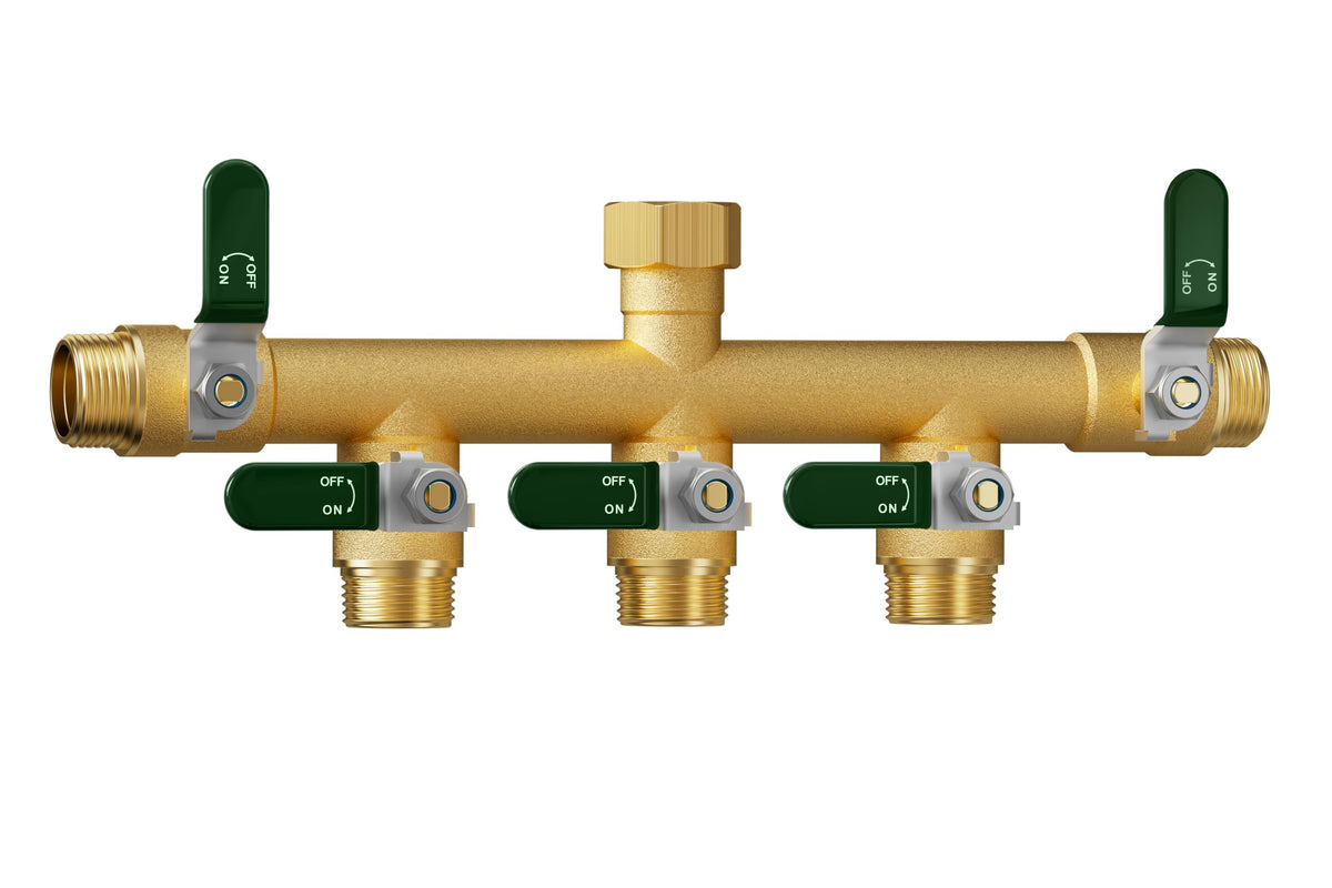 EBH 5-way hose splitter front view shows brass body designed for durable outdoor watering