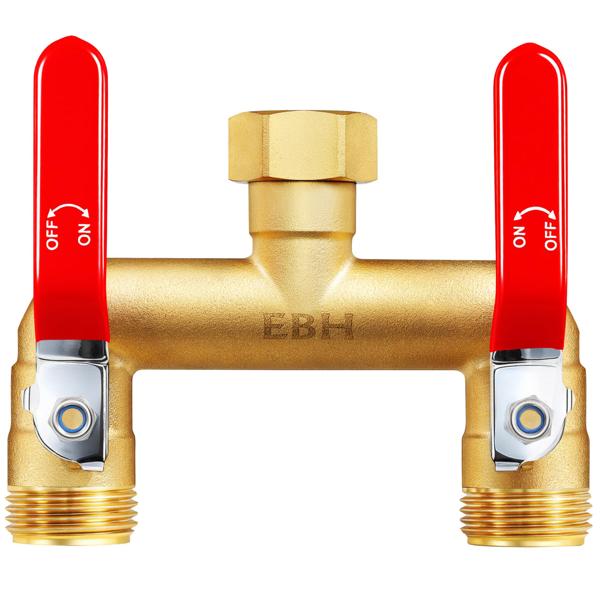 EBH brass body garden hose splitter close-up showing durable construction for outdoor use.