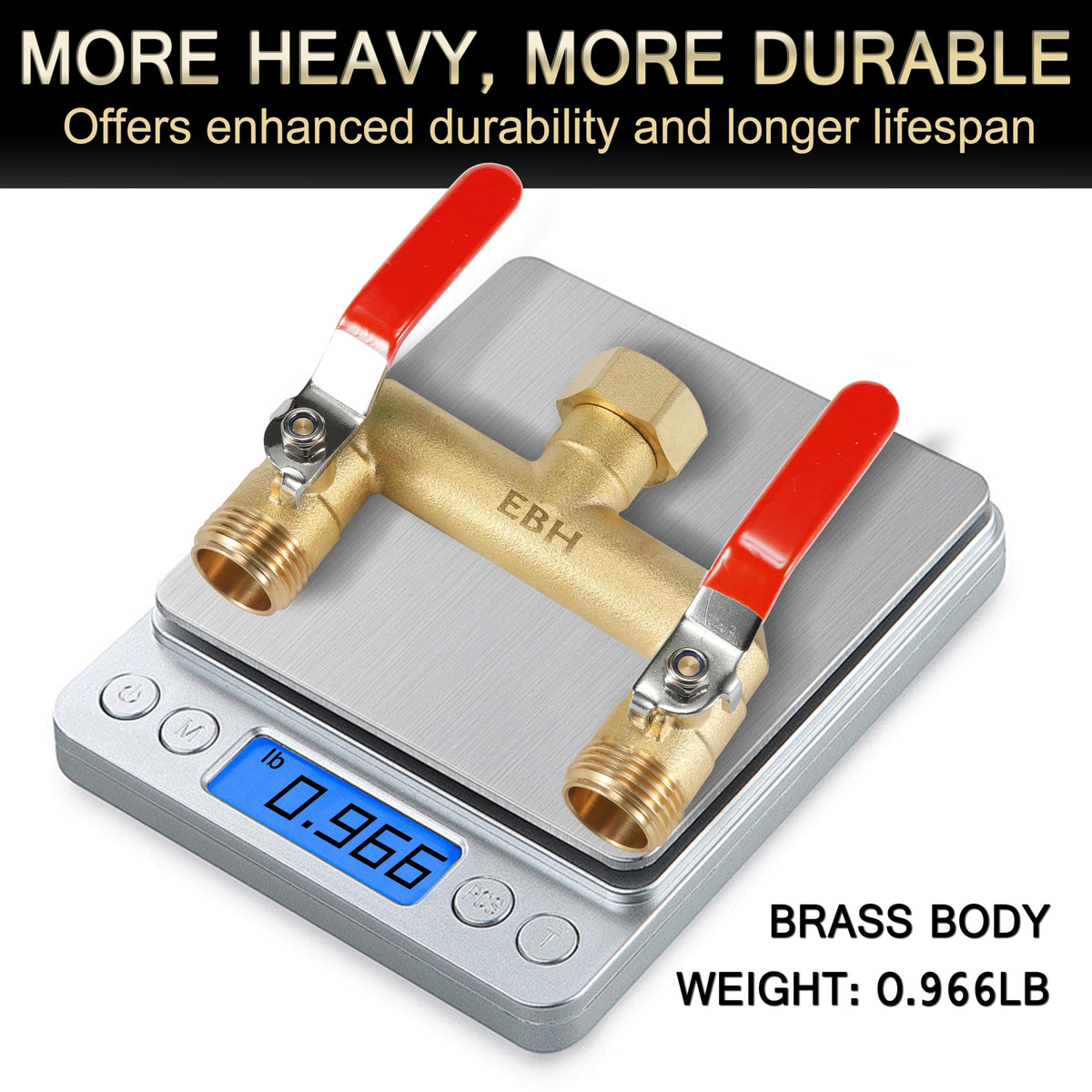 EBH garden hose splitter shows spout distance of 2.95 inches for flexible layouts.