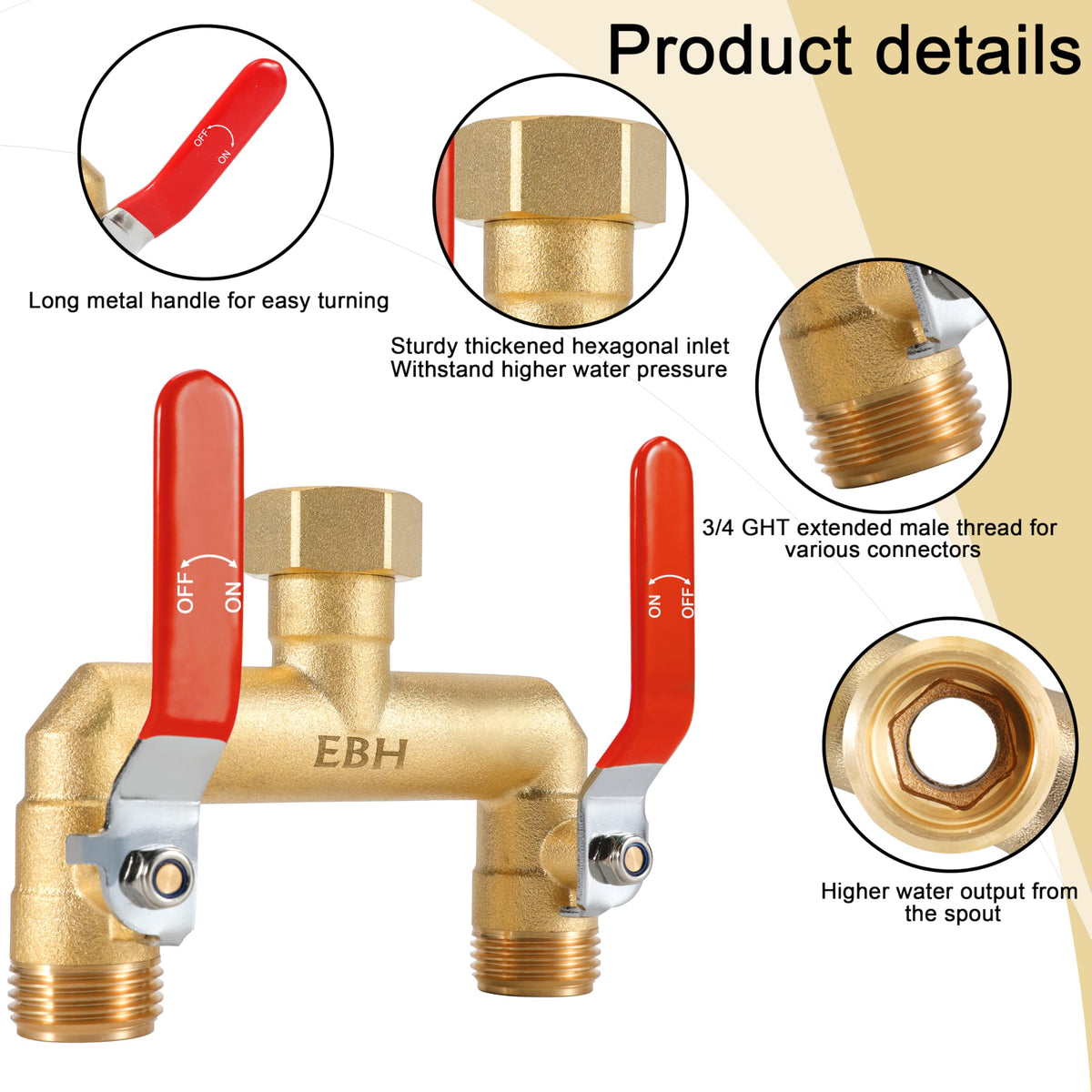 EBH two-way design garden hose splitter enabling simultaneous watering tasks.