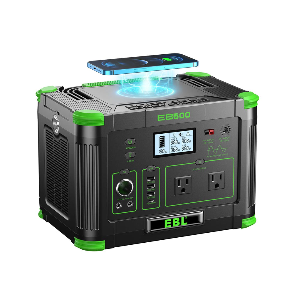 EBL portable power station 500W front view powering devices quietly outdoors