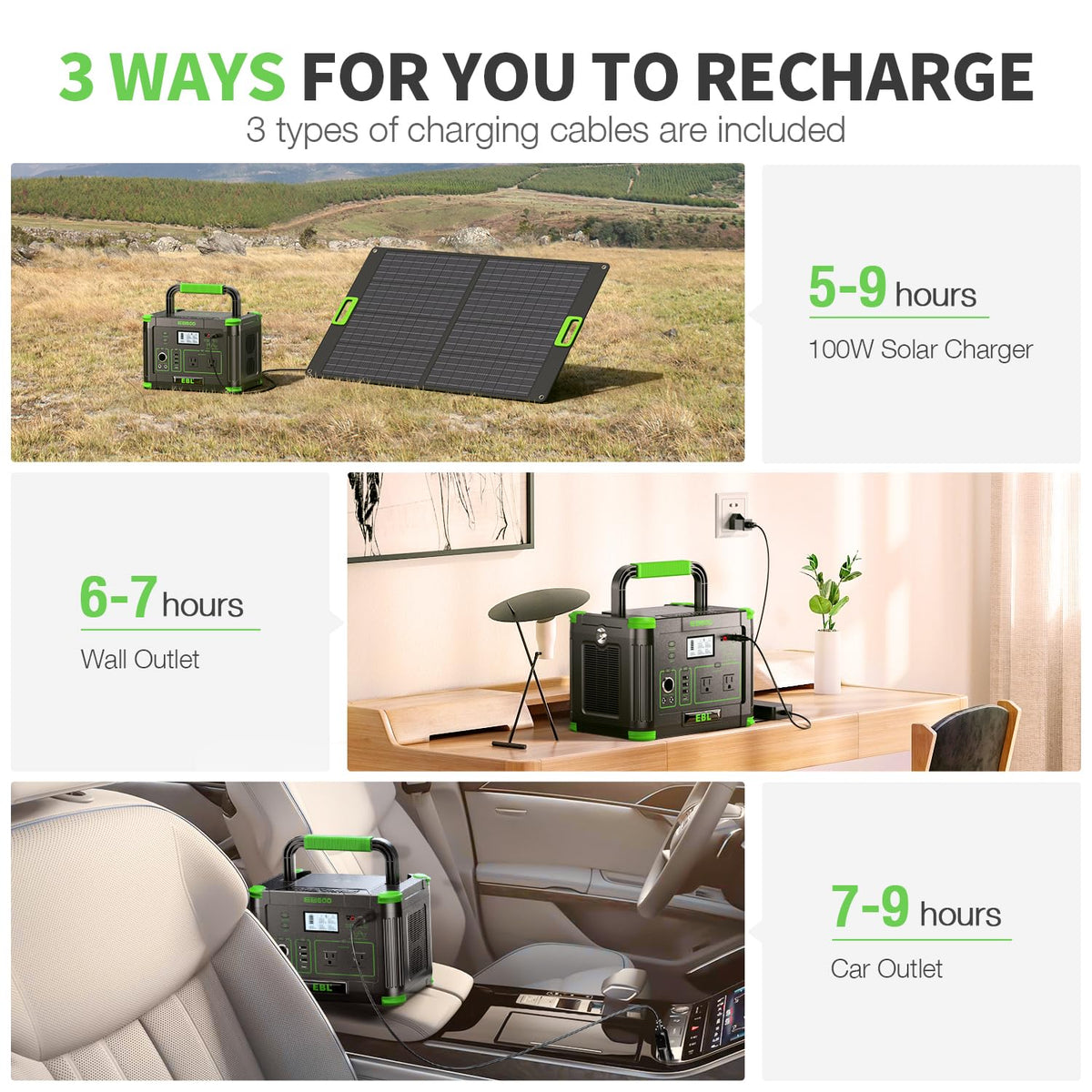 EBL solar recharge side view with a compatible solar panel
