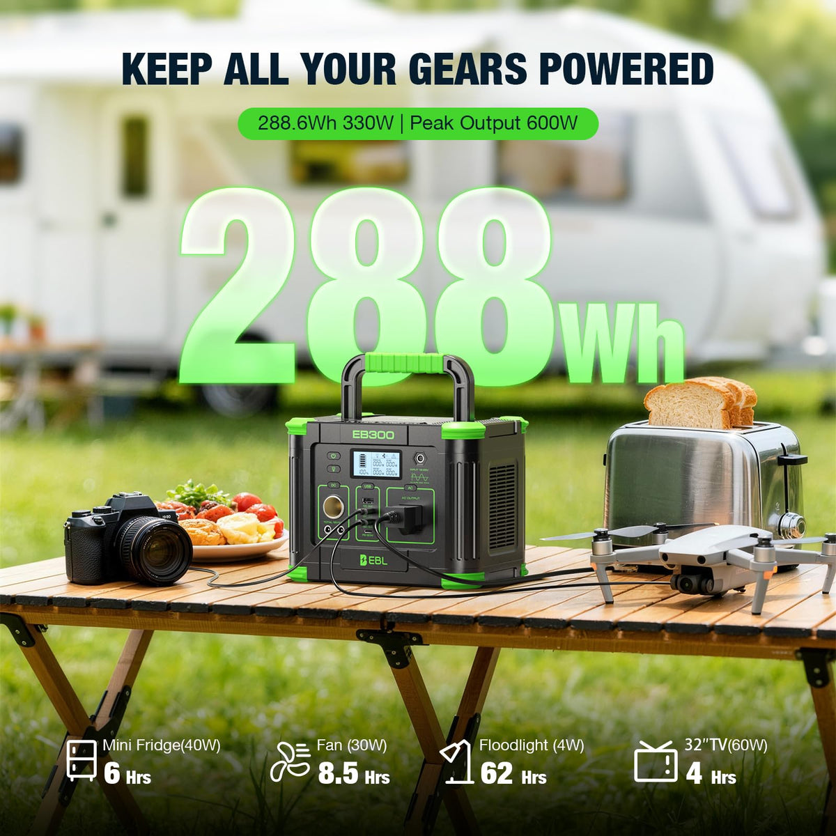 EBL portable power station compact design with a carry handle for easy transport.