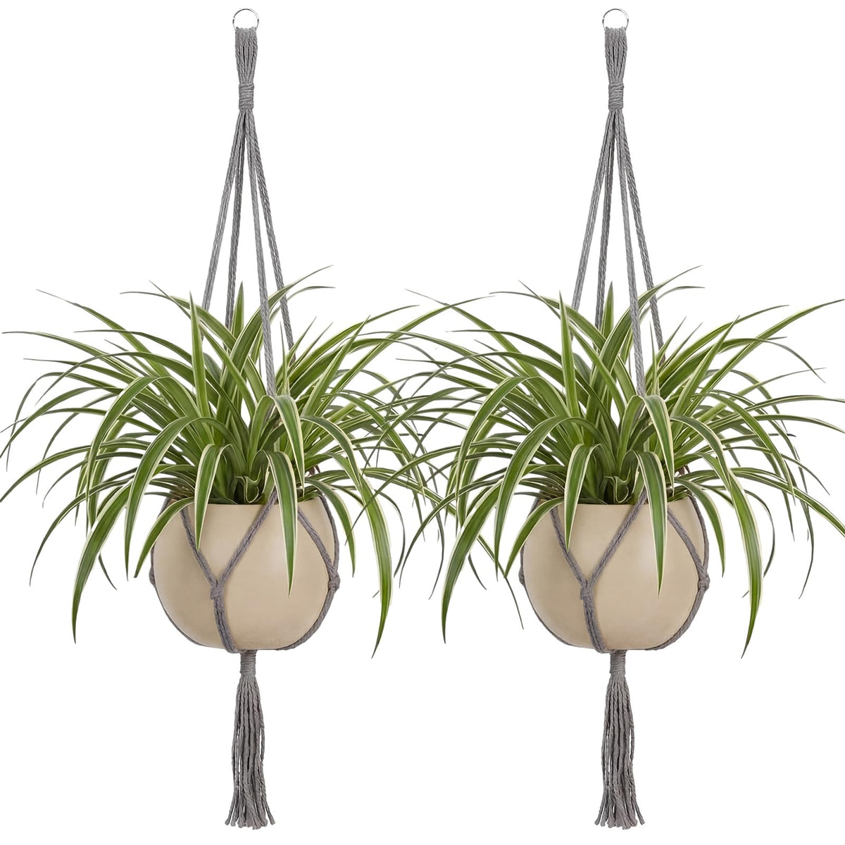 EBOOT 2-pack 48-inch macrame hanger top view with stainless key ring for easy ceiling mounting.