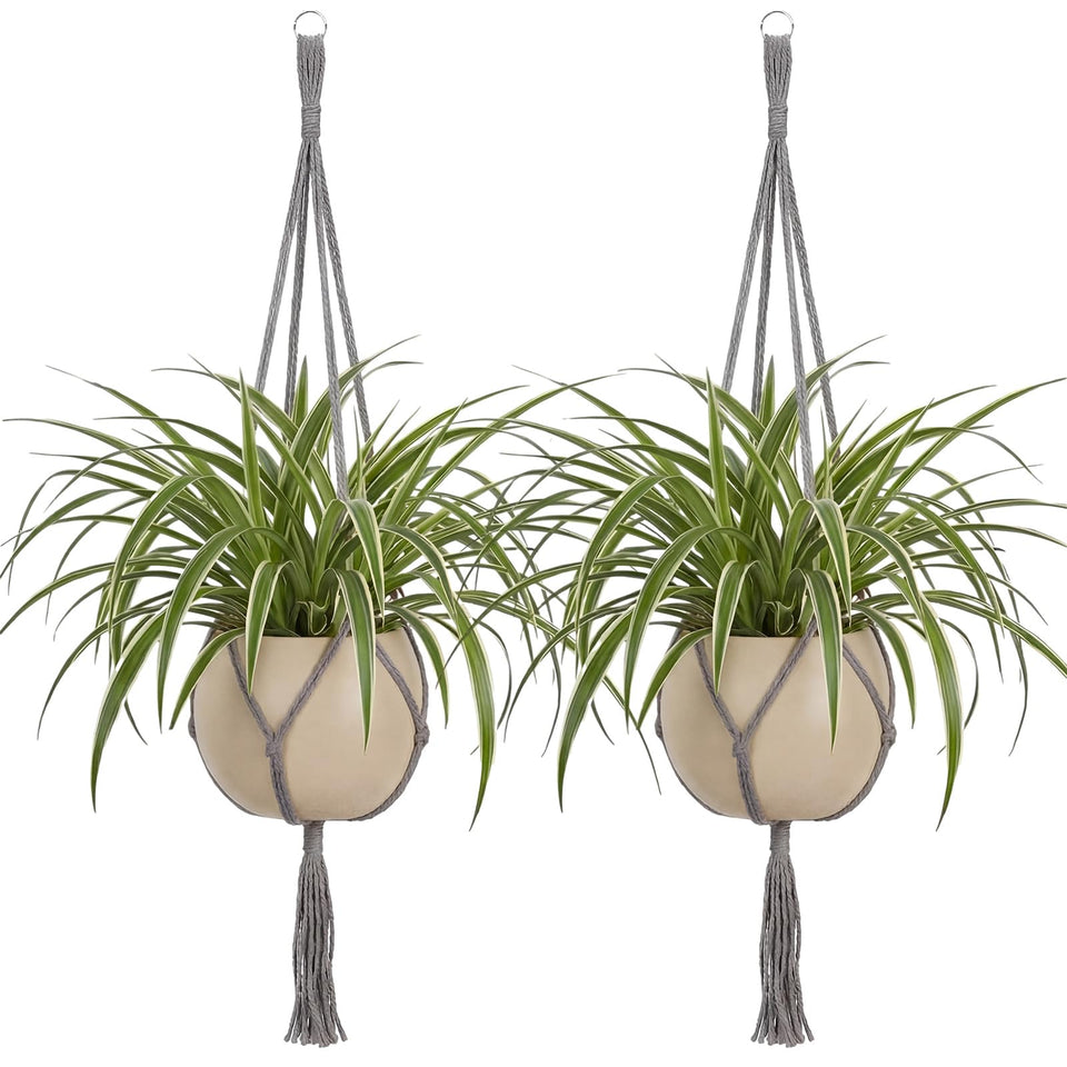 EBOOT 2-pack 48-inch macrame hanger top view with stainless key ring for easy ceiling mounting.